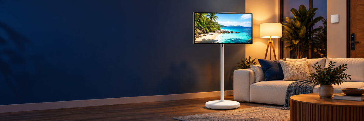 Ambiente ilustrativo de hogar inteligente con pantalla portátil, iluminación y cerradura inteligente.